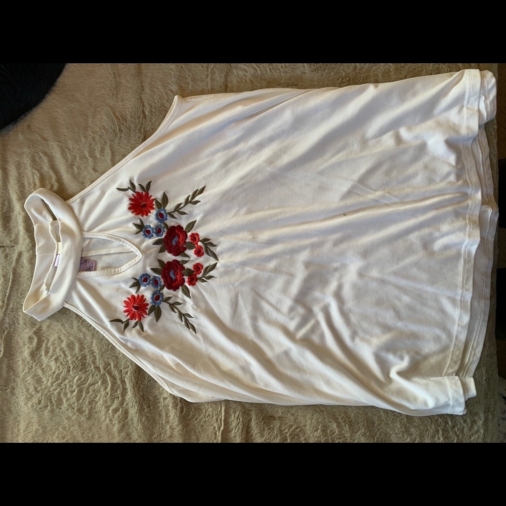 Halter tank top with embroidered flowers